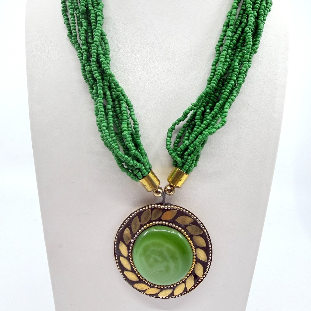 Green Multi-Strand Bohemian Statement Necklace Gold Leaf Pendant 20in